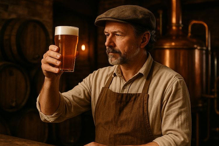 british brewer looking at a pint of beer